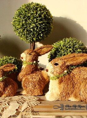 森林工艺摆件草编兔子摆件田园风