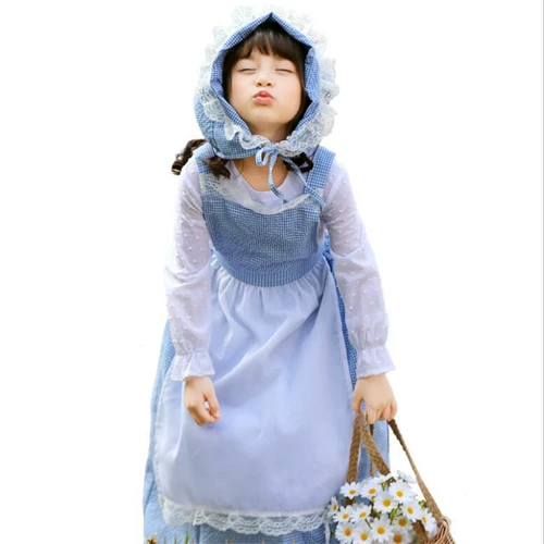 Французское платье с цветочным узором для девочек в синюю клетку, платье для фермерской девушки, пасторальный стиль, фотография, наряд для родителей и детей, наряд горничной