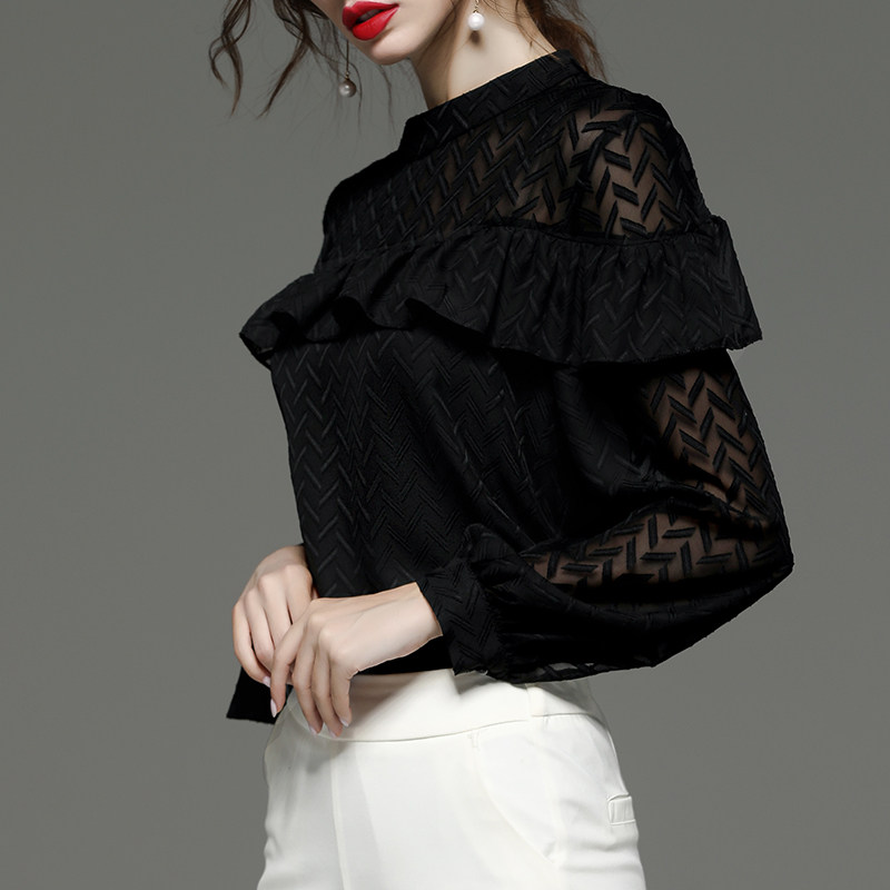 2020新款欧货泡泡袖荷叶边女打底衫 摩登志蕾丝衫/雪纺衫