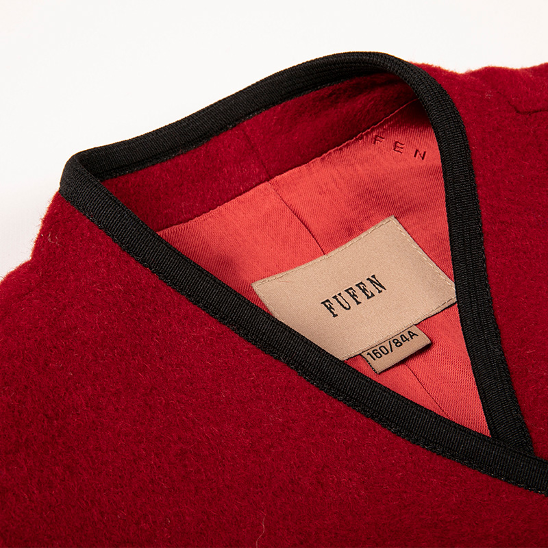 FUFEN福芬冬季新款毛呢外套宽松v领拼色长款羊毛外套DY-14122 - 图2