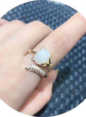 天然新疆白玉小狐狸戒指民族风