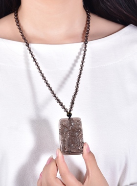 天然冰种黑曜石关公吊坠