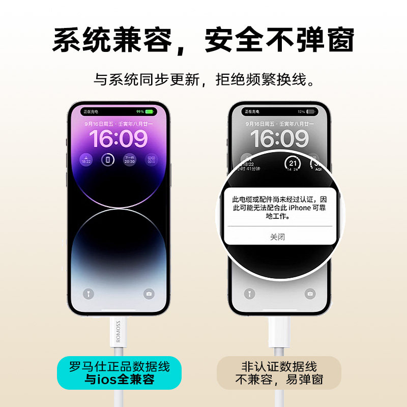 罗马仕适用苹果16数据线iPhone14充电线器13手机15promax11车载USB加长2米XR冲电8plus短ipad闪充PD快充平板