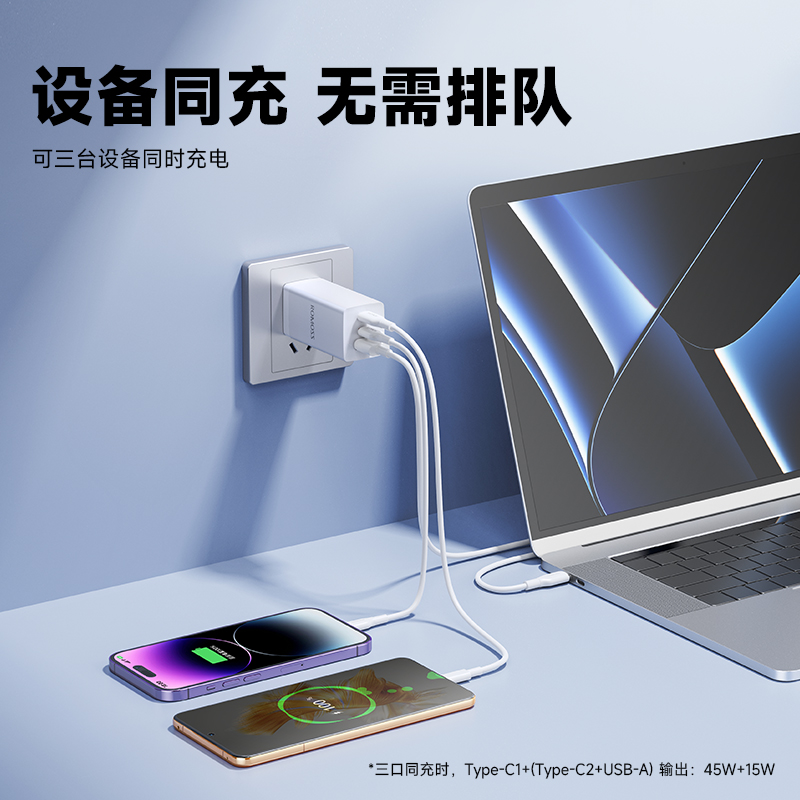 罗马仕65W充电器超级快充3口适用苹果iPhone15promax手机充电头macbook适用华为笔记本电脑iPad套装Typec插头