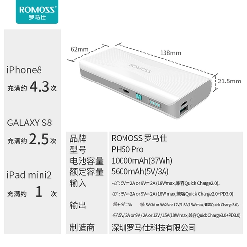 ROMOSS/罗马仕 Sense4+ 10000 мАч Время два -чатая быстро зарядка мобильная мобильная мобильная мобильная зарядка