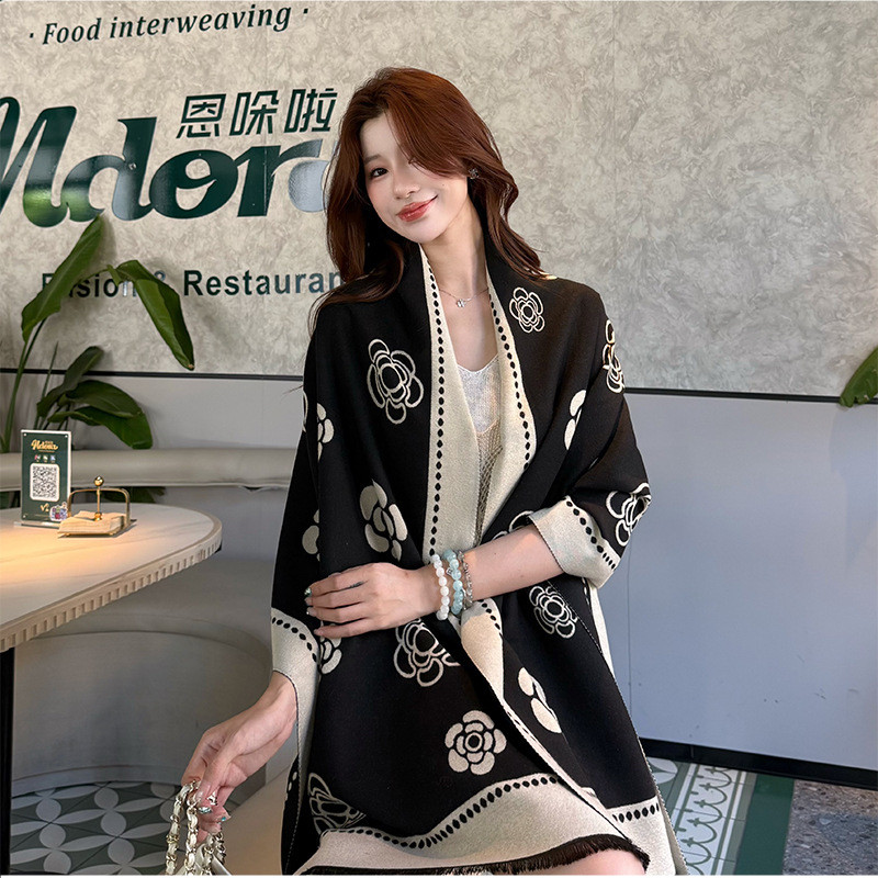 【长版185*65cm】山茶花围巾女高级感气质双面围脖秋冬季保暖披肩,淘宝优惠券,粉丝福利购,淘宝优惠卷