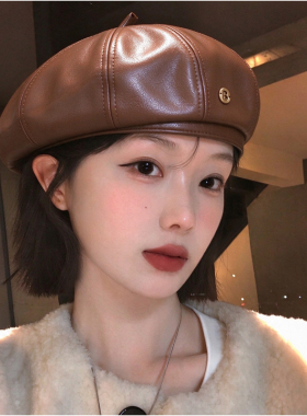 咖色PU皮贝雷帽女秋冬季百搭帽子显脸小八角帽复古英伦画家帽气质