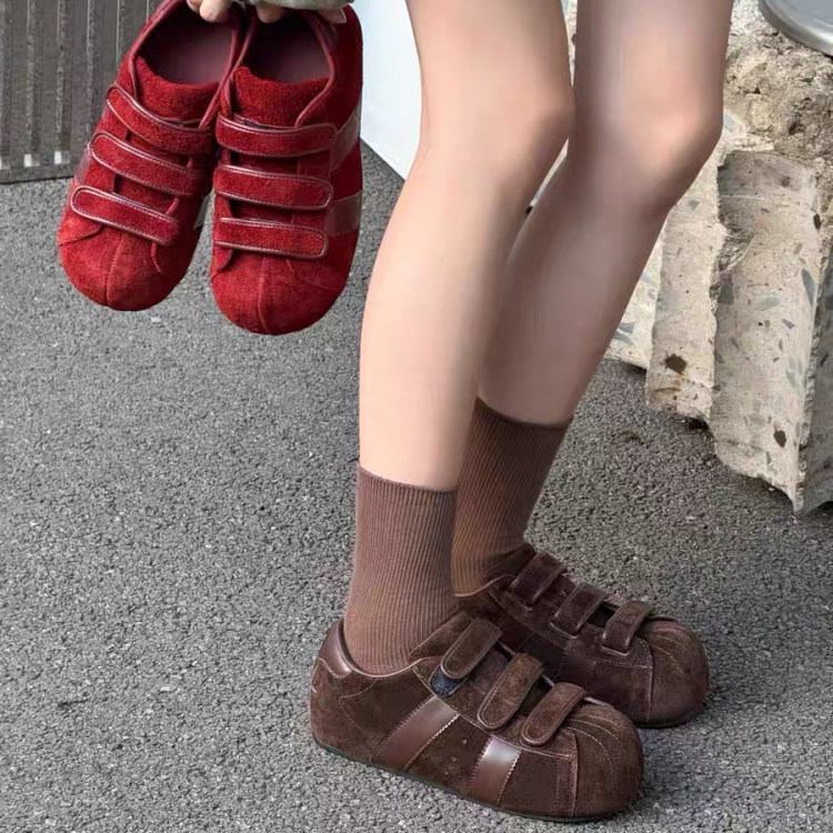 复古魔术贴勃肯鞋女冬季厚底百搭休闲德训鞋丑萌大头鞋