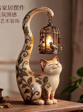 复古猫笼灯家居树脂摆件