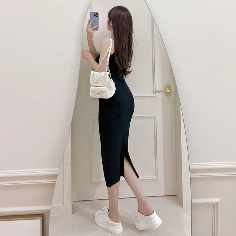 韩国东大门夏季新款修身显身材气质百搭中长款后开叉吊带连衣裙女,淘宝优惠券,粉丝福利购,淘宝优惠卷