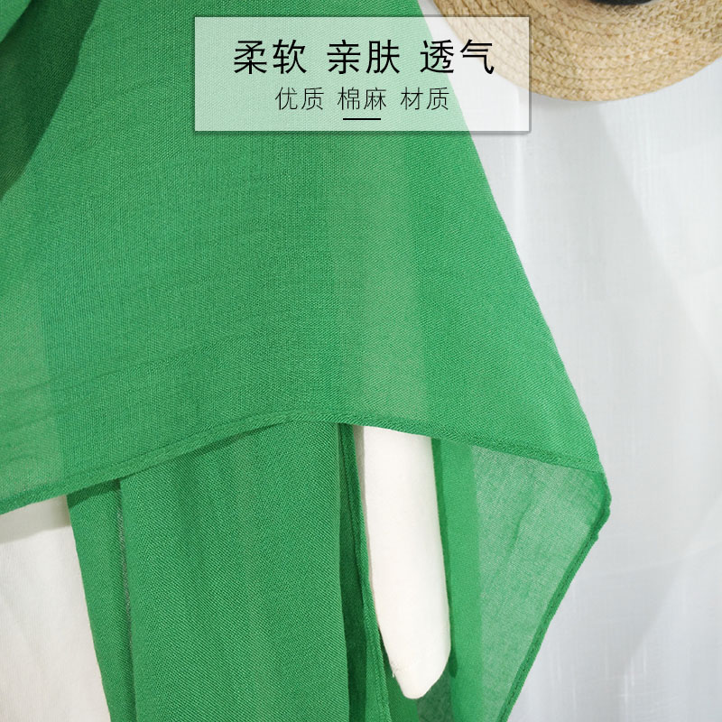清新翠绿色围巾女夏天薄款细窄长条棉麻文艺纯色护颈围脖装饰纱巾