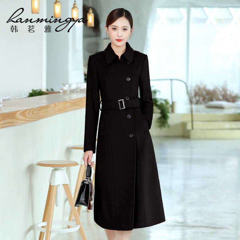 韩茗雅空姐冬长款气质黑色呢子大衣 韩茗雅服饰毛呢外套