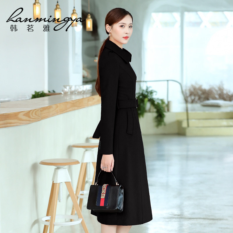 韩茗雅空姐冬长款气质黑色呢子大衣 韩茗雅服饰毛呢外套