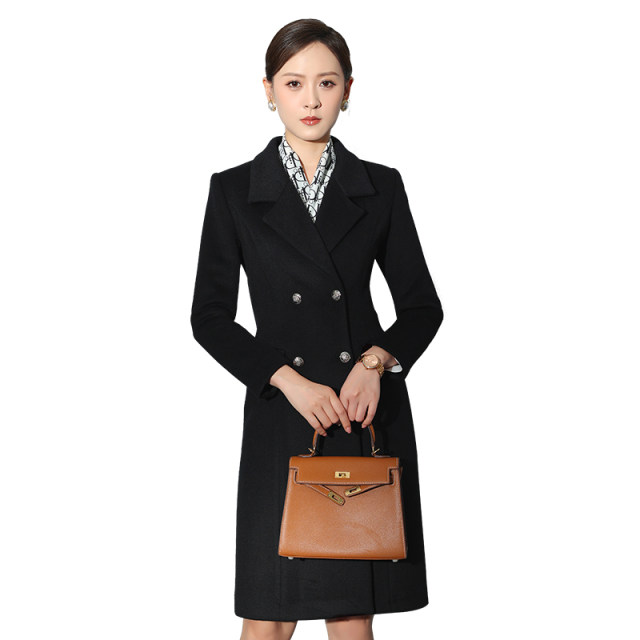 High-end black wool coat work clothes mid-length