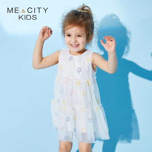MECITY童装夏季女婴童海星绣花满印纱质连衣裙 - 图0
