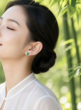 戴妃款天然危料绿翡翠耳钉微镶锆石新中式高级感耳环气质妈妈耳饰
