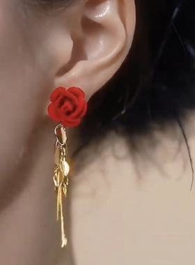 红色植绒玫瑰花亮片流苏耳环轻奢优雅高级感耳坠时尚百搭大气耳饰