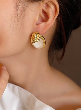 法工复古天然绿松石耳环电镀18K真金跨境欧美风几何形月光耳饰品