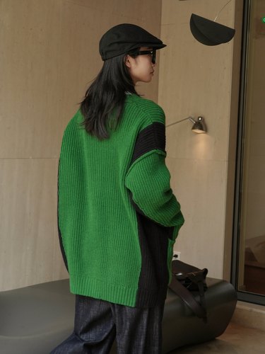 Mikyy韩系冬季复古小众撞色拼接设计毛衣开衫厚实保暖舒适上衣女-图2