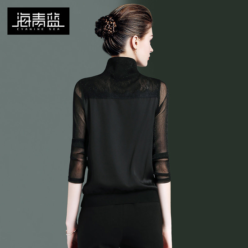 海青蓝2020春夏新款黑色打底雪纺衫 海青蓝蕾丝衫/雪纺衫