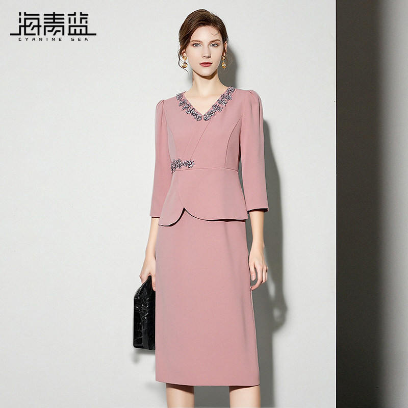 海青蓝 红色连衣裙女2025新款冬时尚气质镶钻v领设计感女装裙子,淘宝优惠券,粉丝福利购,淘宝优惠卷