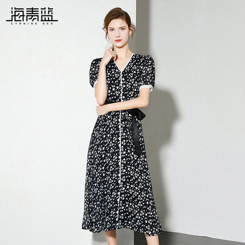 海青蓝 碎花短袖连衣裙2026年新款夏季高级时尚度假气质女装裙子 - 图0