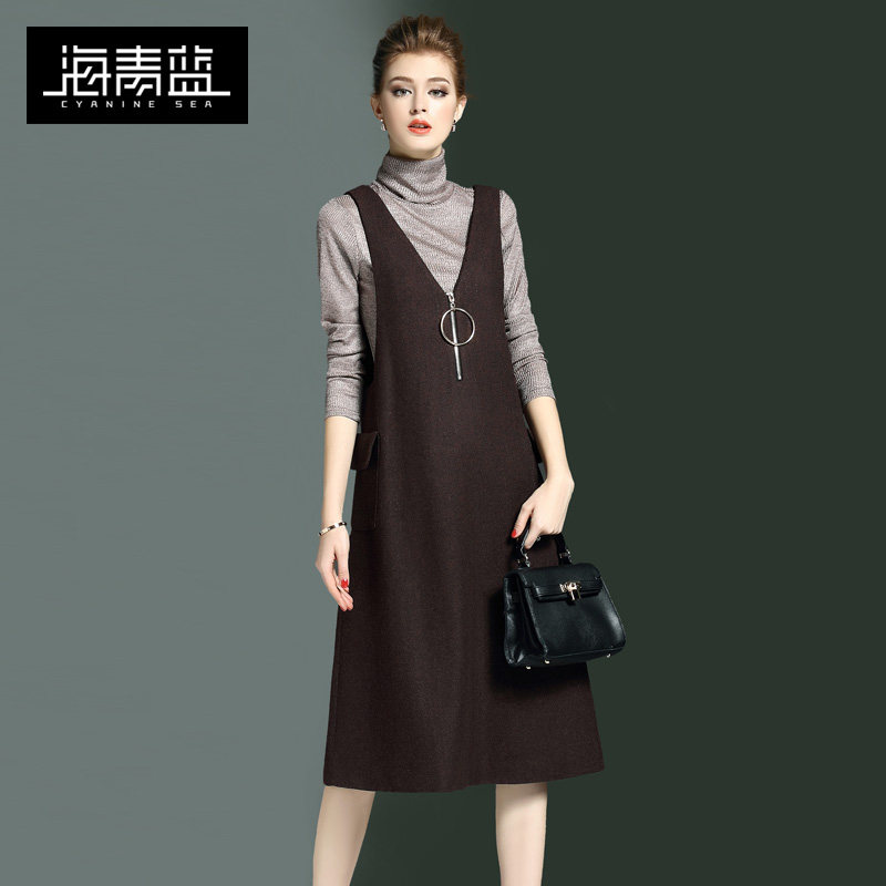 海青蓝2020秋装新款欧美纯色背心裙 海青蓝连衣裙