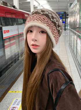 费尔岛风复古红色毛线帽女冬季