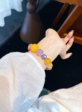 天然多宝手串彩虹色黄水晶紫锂云母粉晶红胶花太阳石蔷薇石星星链