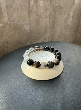 天然水晶多宝手链 白水晶 茶水晶 金运石 银耀石 颗颗效应12mm