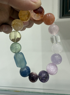 天然水晶多宝手链海蓝宝紫黄粉水晶白水晶胶花原创设计能量手串