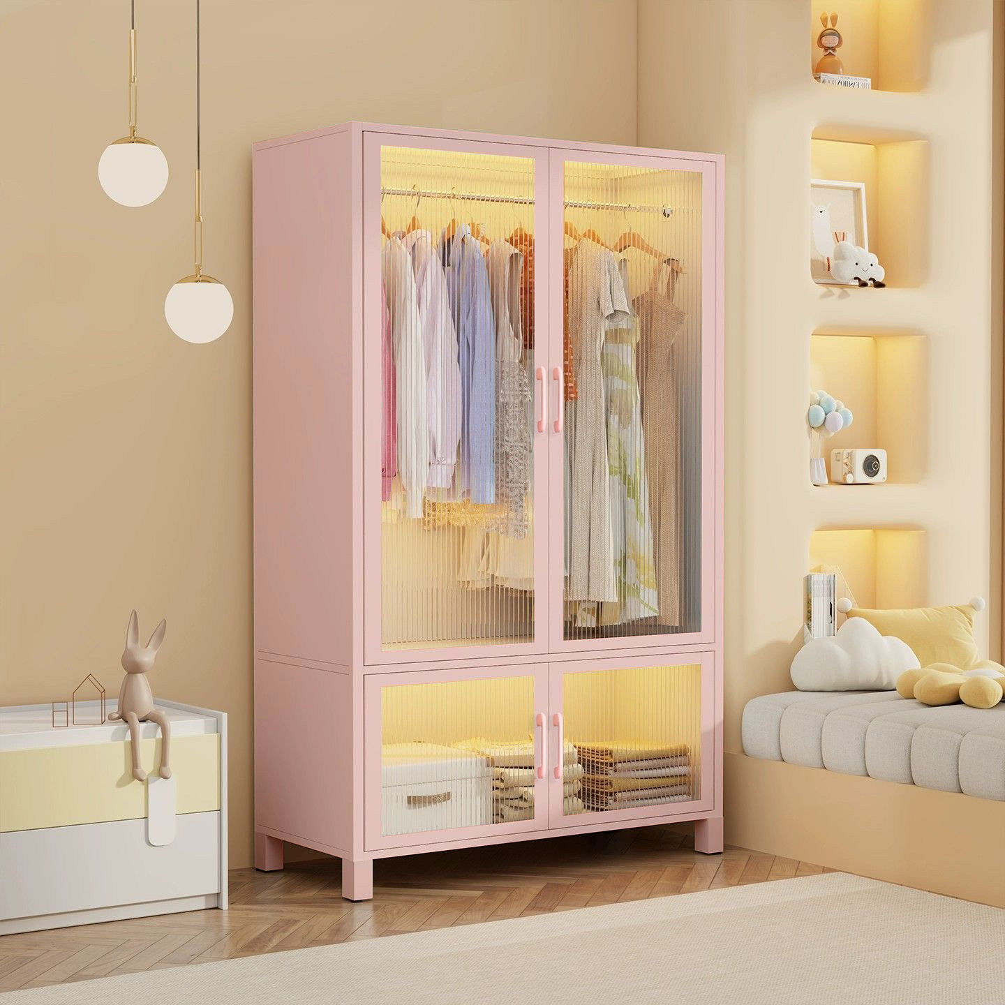 马卡龙粉色衣柜钢制衣柜卧室家用出租房金属组合衣橱衣帽间收纳柜,淘宝优惠券,粉丝福利购,淘宝优惠卷