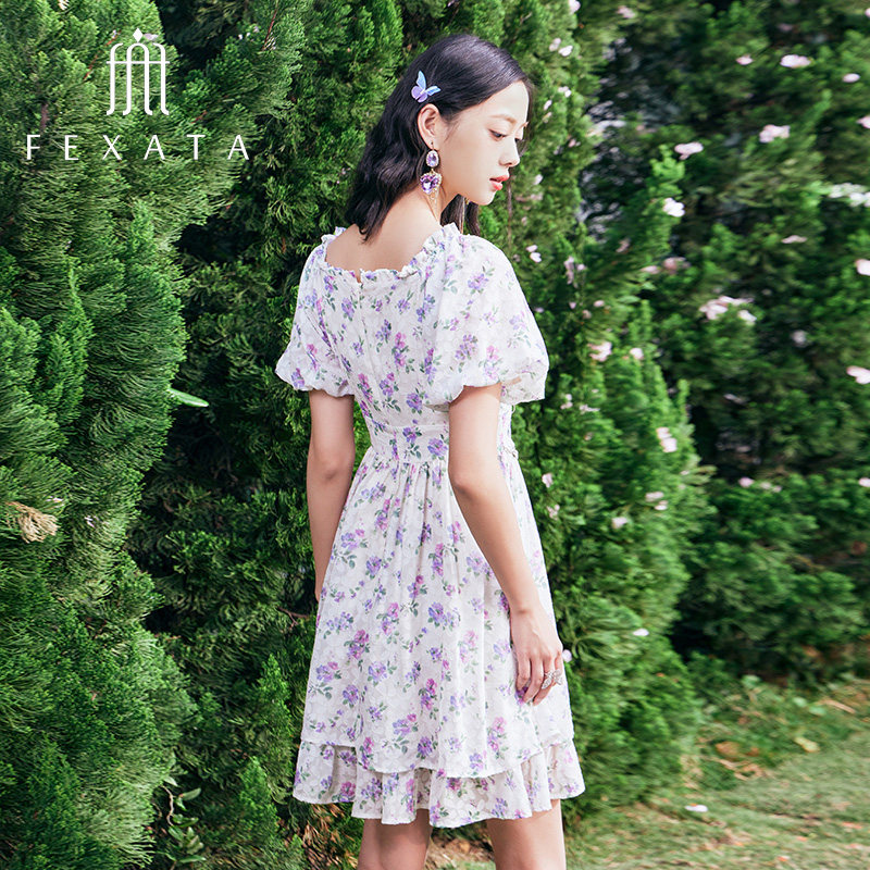 FEXATA斐格思连衣裙2025夏季新品收腰泡泡袖一字领度假风印花裙,淘宝优惠券,粉丝福利购,淘宝优惠卷