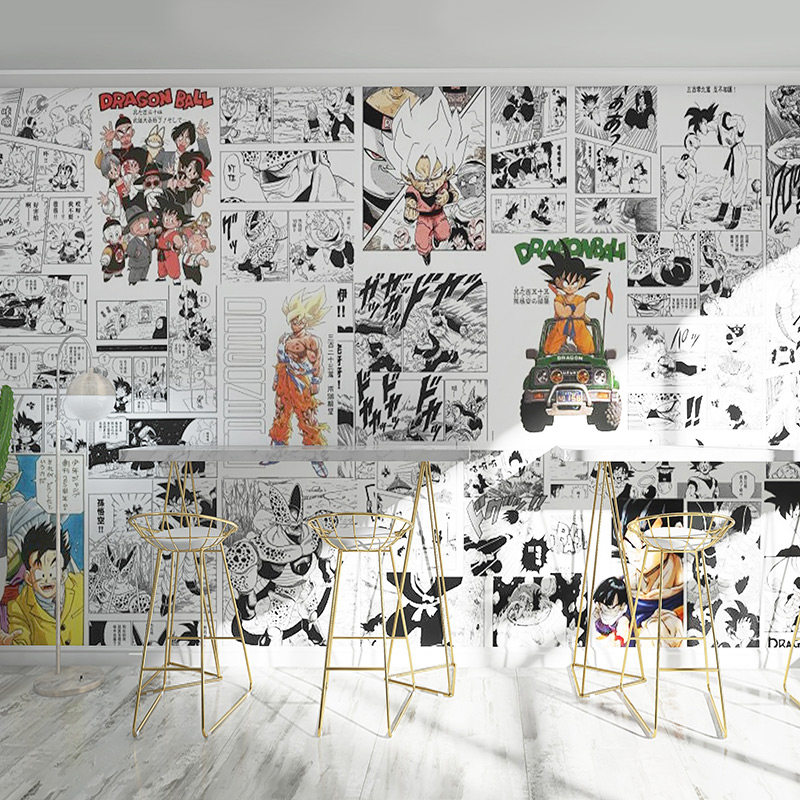 3D卡通动漫七龙珠墙纸儿童房卧室床头背景墙布幼儿园黑白漫画壁纸