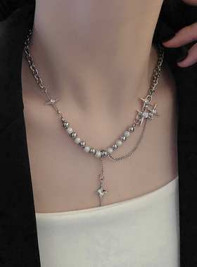 Kpop Zircon Cross Star Beaded Necklace Men Unisex Hiphop