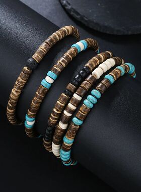 Coconut Wood Beaded Bracelet Eiastic Turquoise Stone Bead