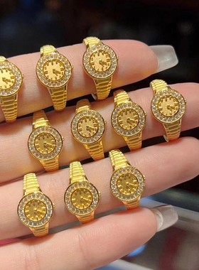 520金表开口戒指男女仿黄金小众轻奢高级感钛钢指环配饰沙金饰品