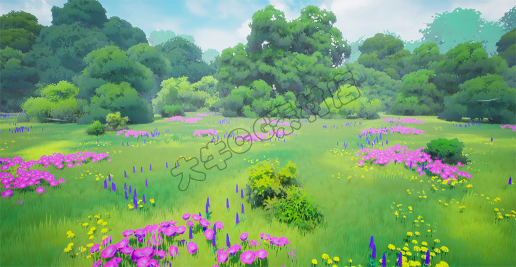 UE4虚幻5卡通灌木丛林风格化密林日系二次元小花草地远景树林场景 - 图1