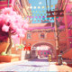 UE5 unreal Ghibli movie-level cartoon stylized Japanese shop street pink town Miyazaki scene