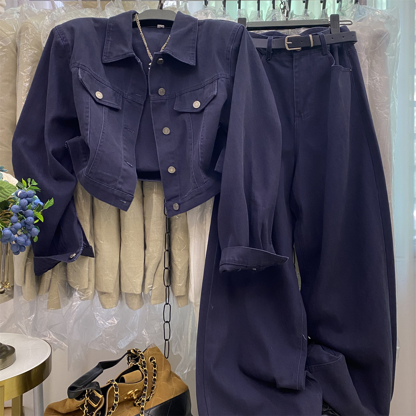 韩版新款复古翻领牛仔短外套高腰显瘦阔腿裤两件套女气质百搭套装 - 图1