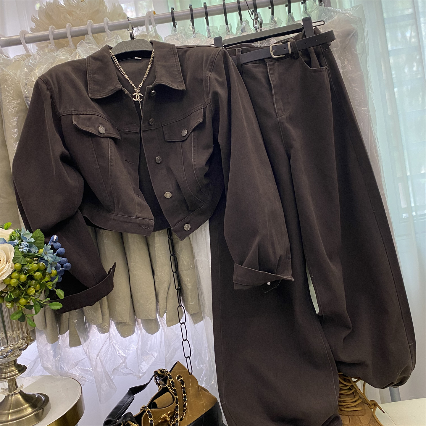 韩版新款复古翻领牛仔短外套高腰显瘦阔腿裤两件套女气质百搭套装 - 图0