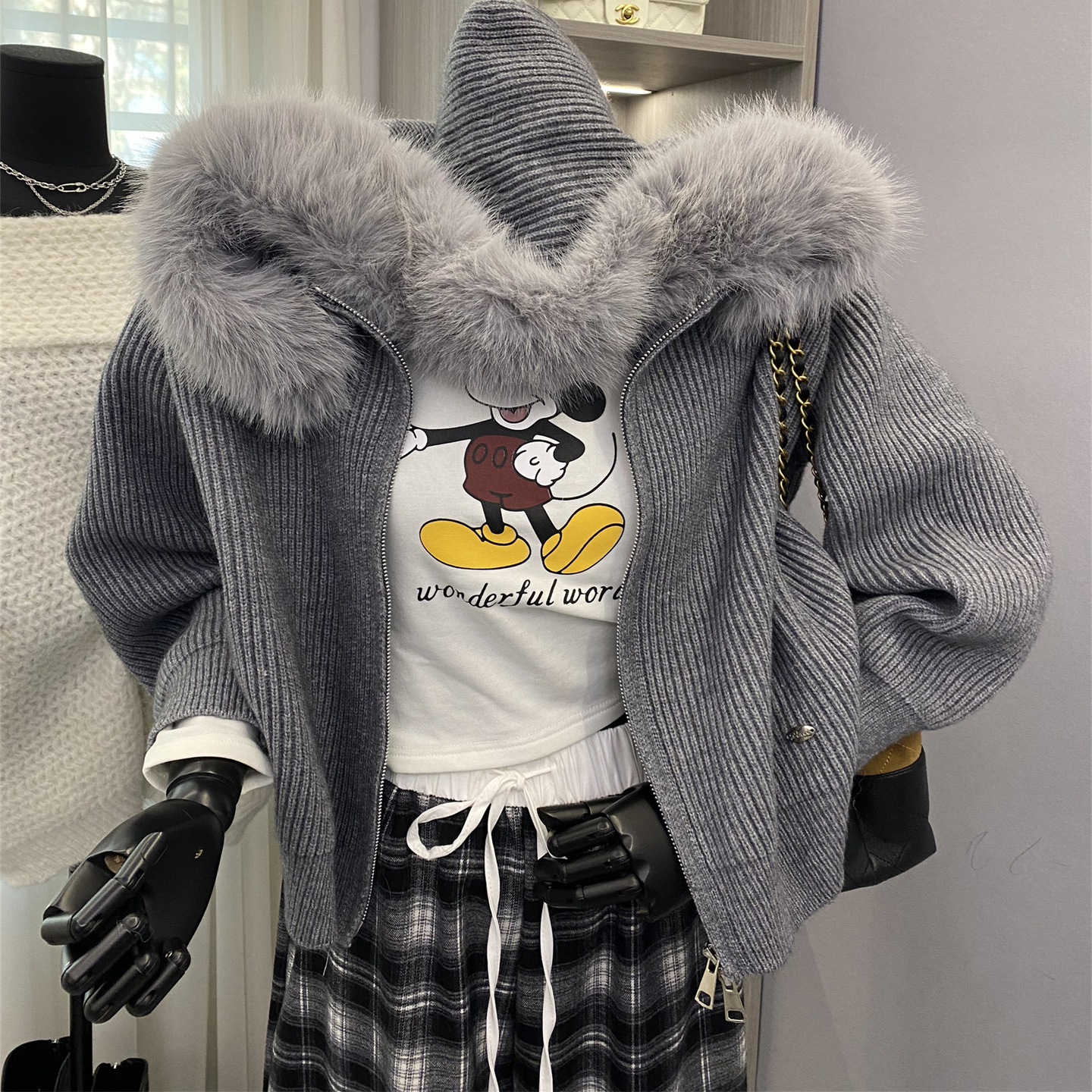 韩版新款慵懒风毛衣外套女大毛领连帽针织开衫氛围感轻奢拉链上衣 - 图2