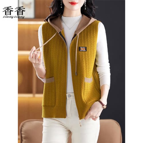 中年妈妈无袖连帽马甲女春秋季洋气针织背心开衫宽松大码毛衣马夹 - 图0