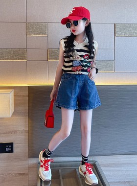 韩国女童夏季套装2024新款女大童时髦背心儿童洋气牛仔短裤两件套