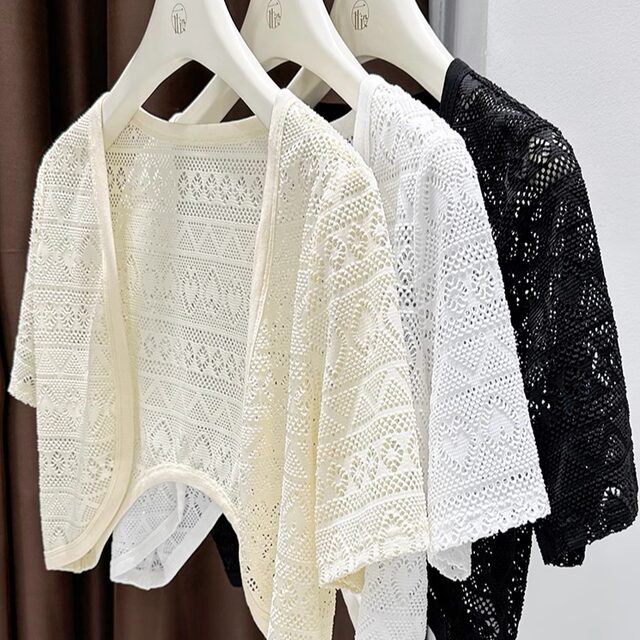 Hollow lace ປ້ອງກັນແດດ cardigan ແບບບາງໆມີ suspenders ສໍາລັບນອກ