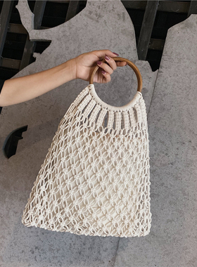 棉线编织包女新款藤把手提网兜包镂空田园风渔网包度假沙滩包