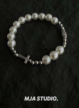 Vintage古着珍珠十字架男女手链