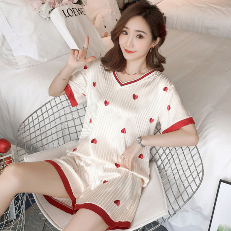 冰丝睡衣女夏季短袖韩版甜美丝绸V领薄款大码可外穿家居服两件套