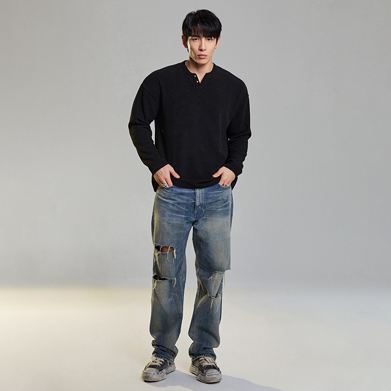 肌肉狗 长袖T恤男 春季新品小V领撞钉肌理感纯色宽松休闲健身上衣,淘宝优惠券,粉丝福利购,淘宝优惠卷