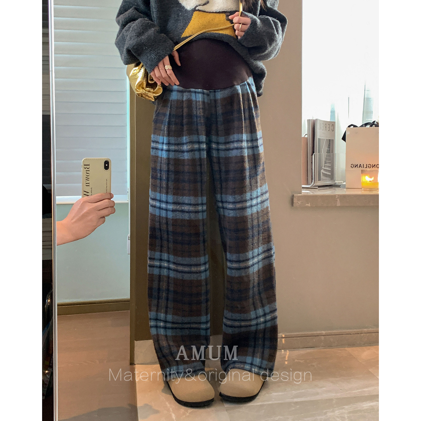 ◆AMUM孕妇装◆爱丁堡格纹~复古加绒加厚保暖休闲毛呢托腹阔腿裤,淘宝优惠券,粉丝福利购,淘宝优惠卷